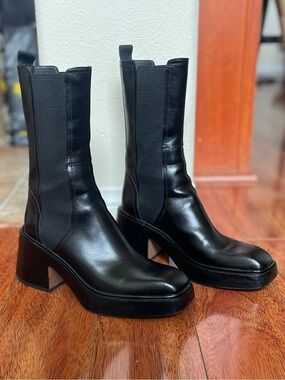 Maje Frizzante Women's Black Leather Platform Mid-Calf Chelsea Boots